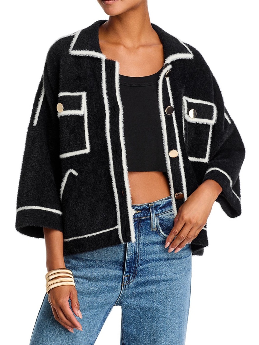 Revolve Essential Antwerp Galena Furry Knitte Black Jacket with White Trim 🆕